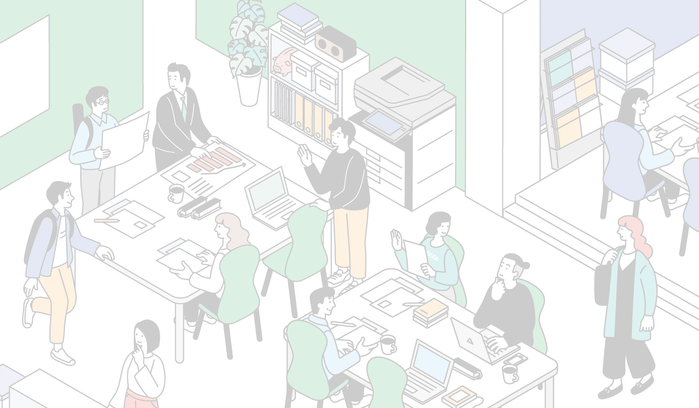 オフィス内で複数の人物が会議や作業をしている様子を描いたイラスト