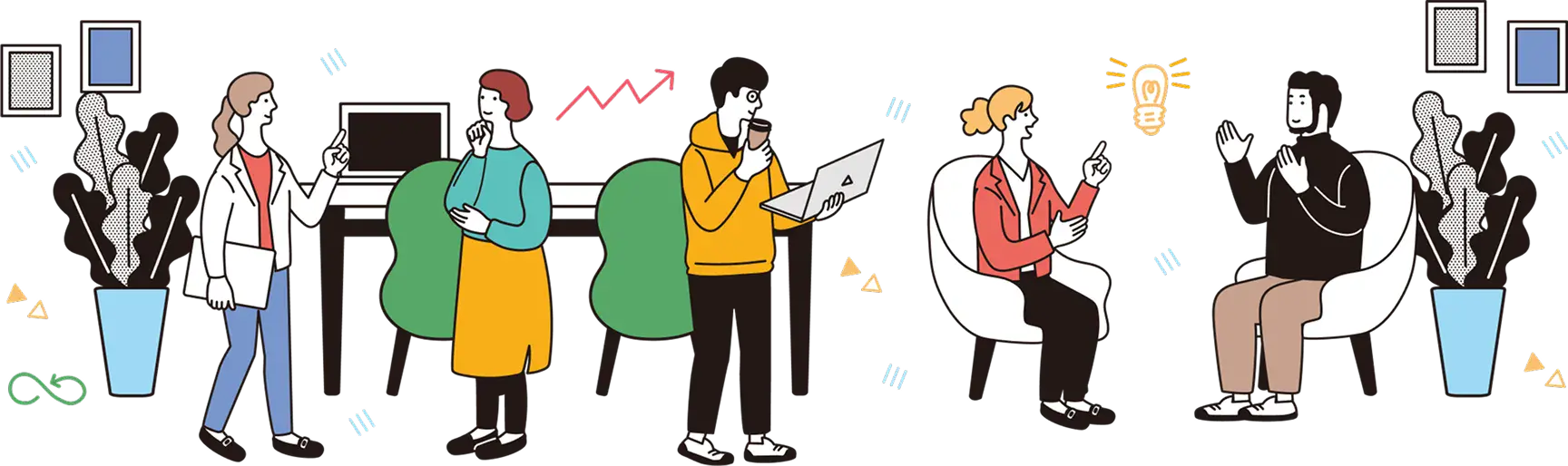 オフィスのような空間で、5人の人物がそれぞれ思索や会話、パソコン作業をしているイラスト